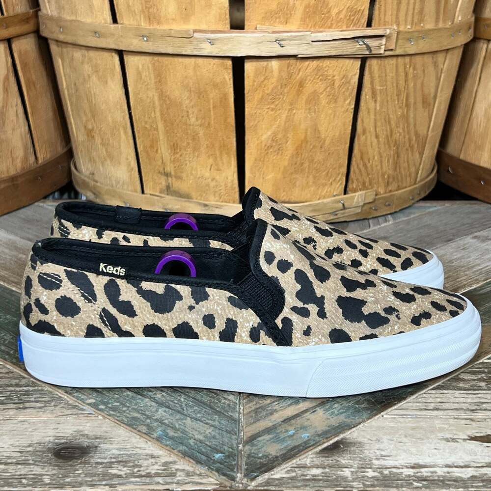 Keds Double Decker Leopard Tan Black Fabric Slip-On Sneakers Womens Size 6.5